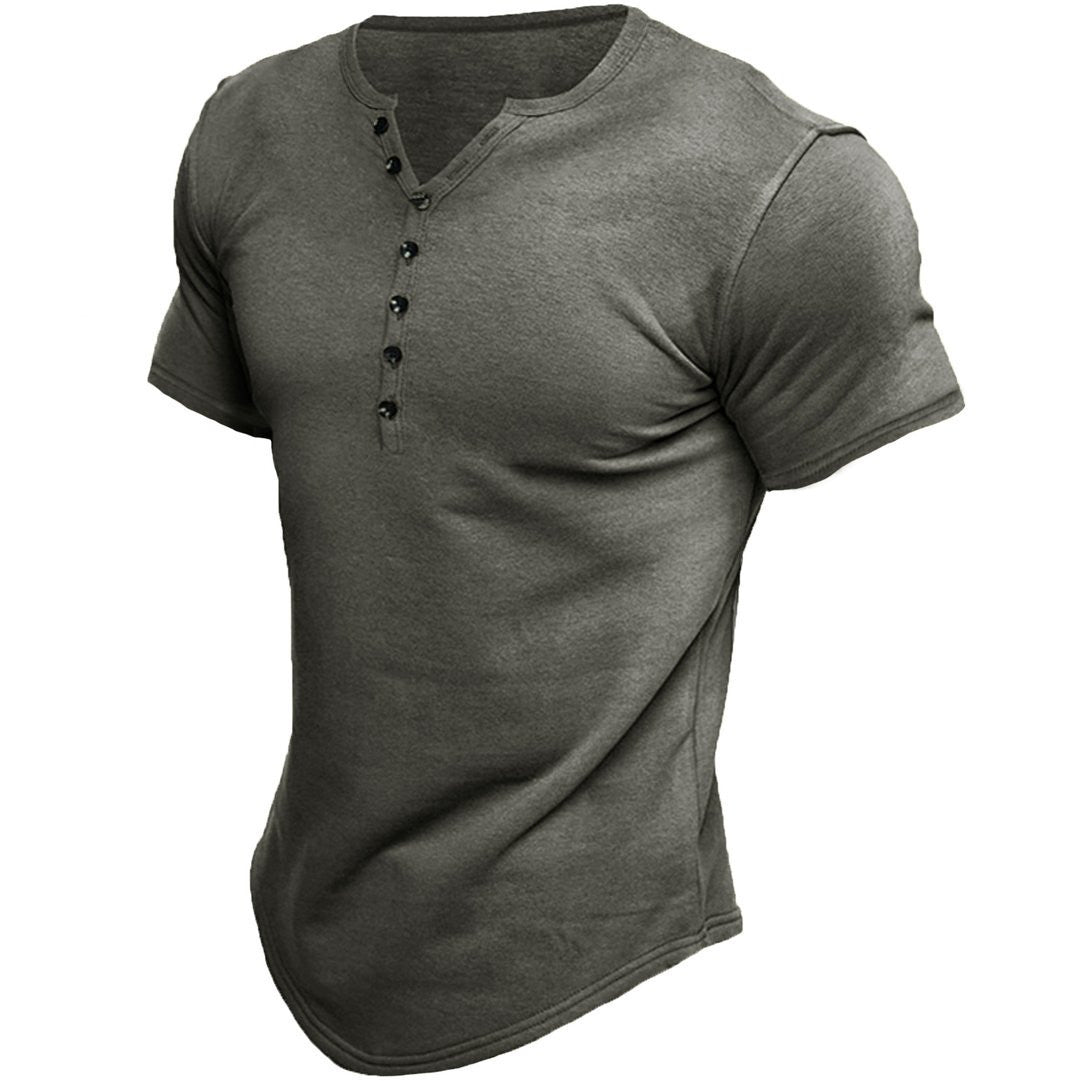 Gray men's henley short-sleeve T-shirt with button placket and crew neck