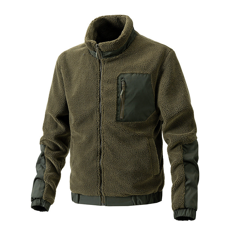 Olive green sherpa fleece zip jacket with contrast pocket and elastic cuffs