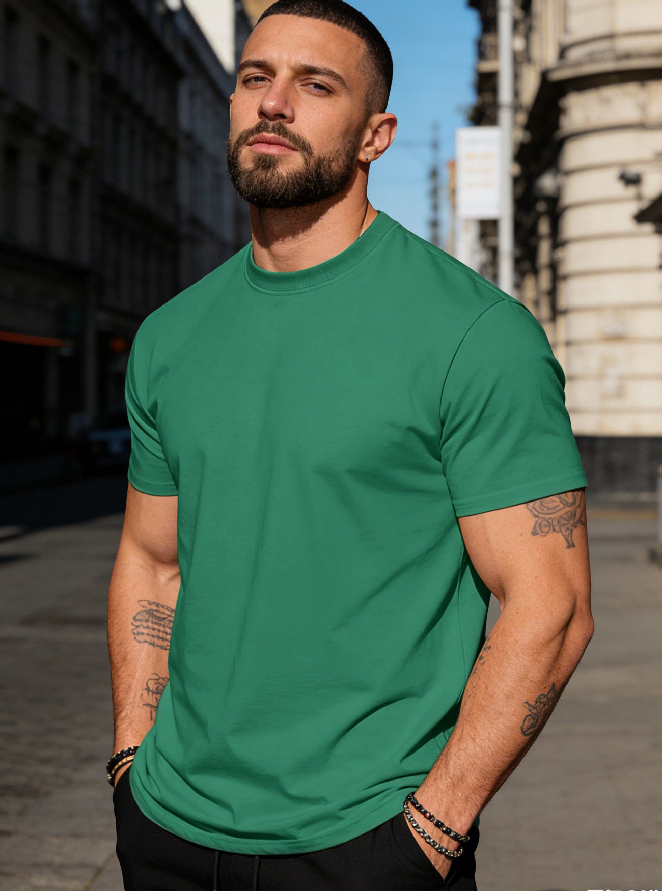 Men's solid crew neck basic tee, green, short sleeves