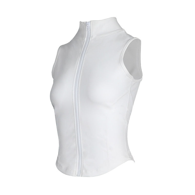 White sleeveless zip running tank top with front zipper and curved seams