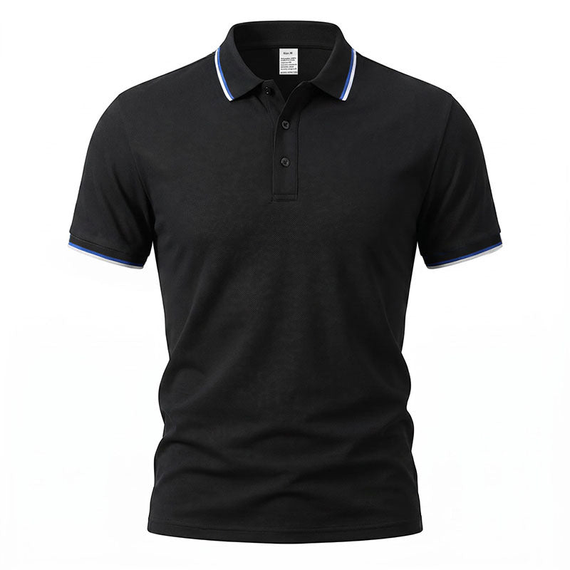 Black short-sleeve polo shirt with button placket and contrasting blue trim on collar.