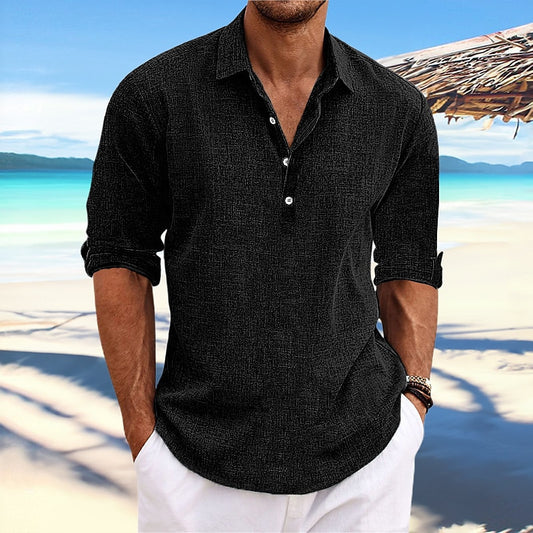 Men's linen-blend henley shirt in black, 3-button placket, folded 3/4 sleeves