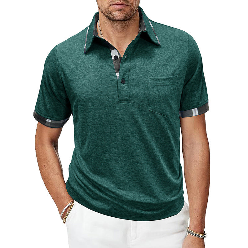 Green men’s plaid-trim pocket short-sleeve polo with button placket