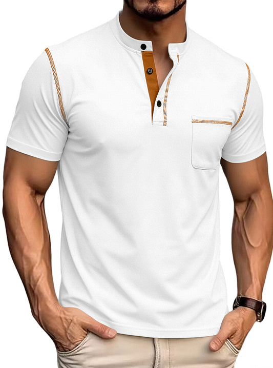Men's stand collar henley polo shirt in white, button placket, chest pocket, contrast trim