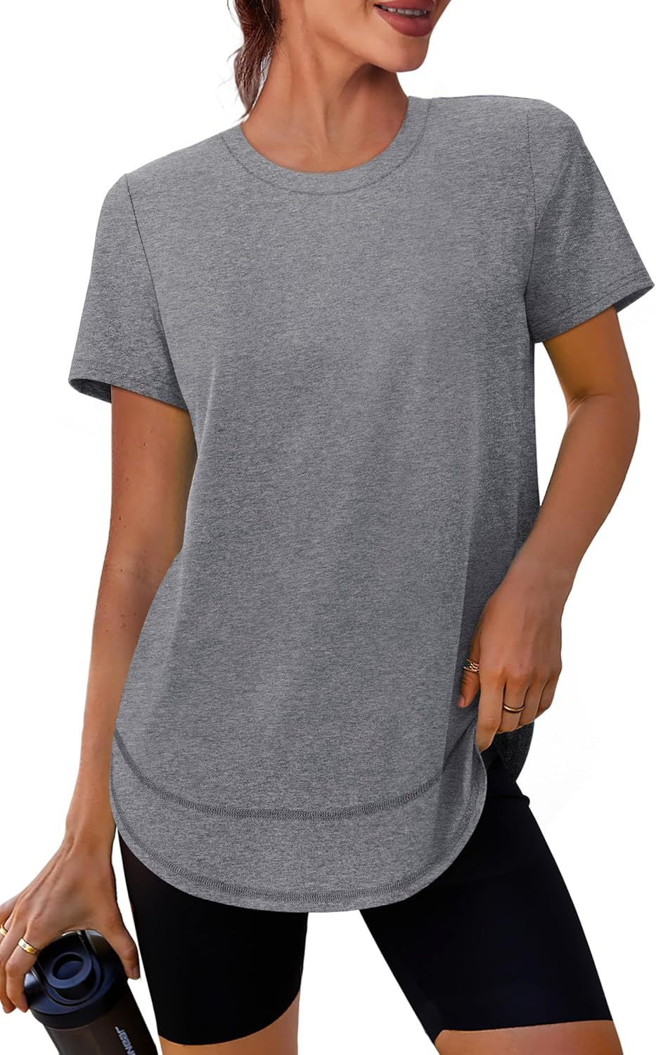 Women’s short-sleeve curved-hem T-shirt, heather gray crew neck