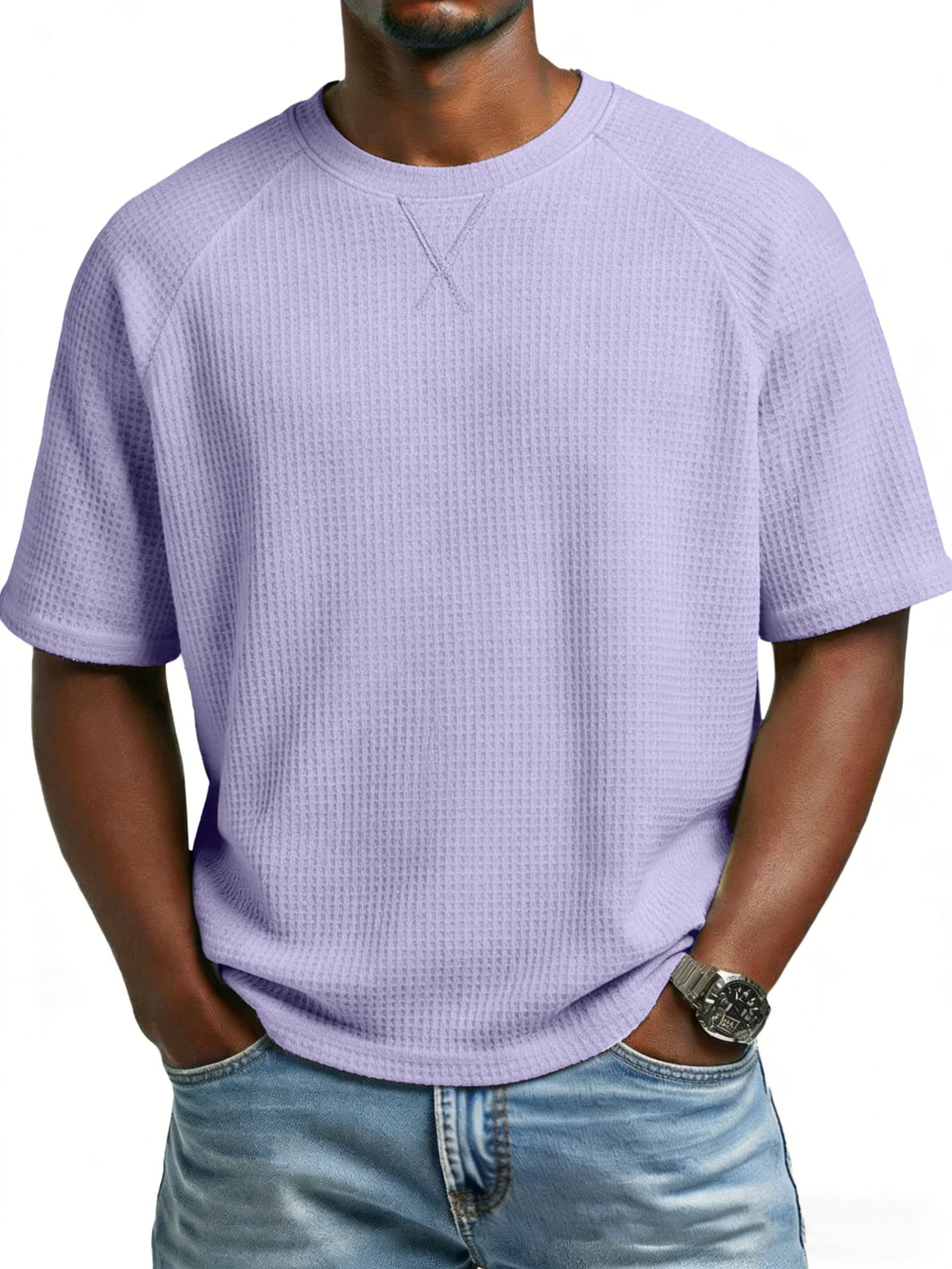 Men's waffle knit tee in lavender purple, short sleeves and crew neck