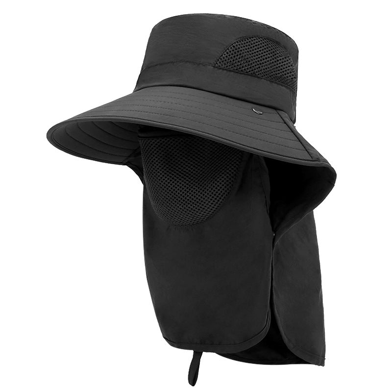 Black wide-brim sun hat with mesh face panel and chin guard