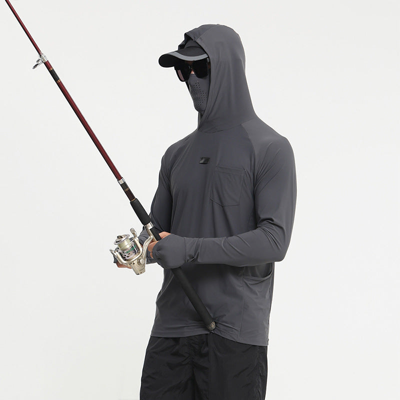 Quick-dry fishing sun hoodie in dark gray with hood up and mesh face panel