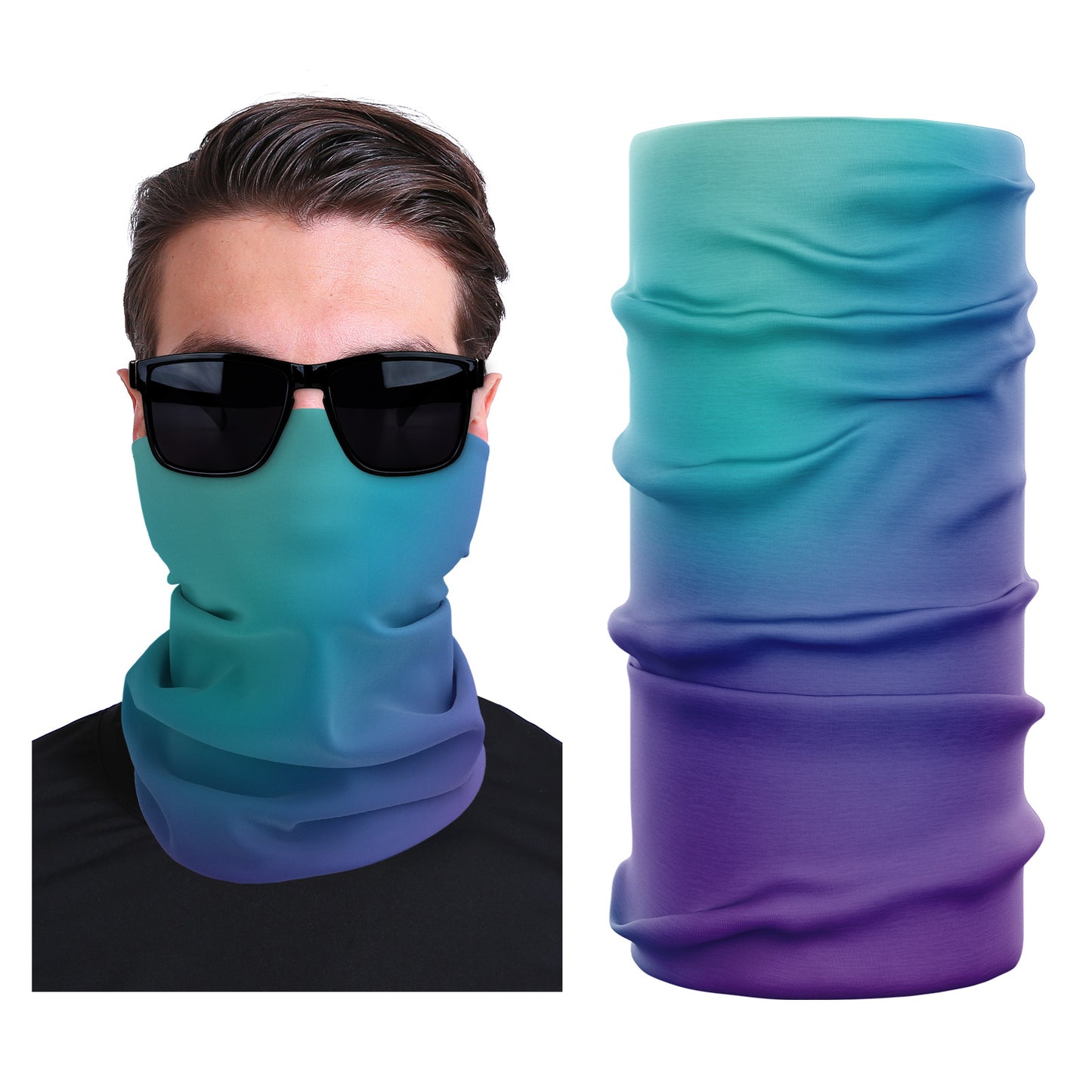 Seamless stretch face mask in teal and purple solid colors, around-the-neck style