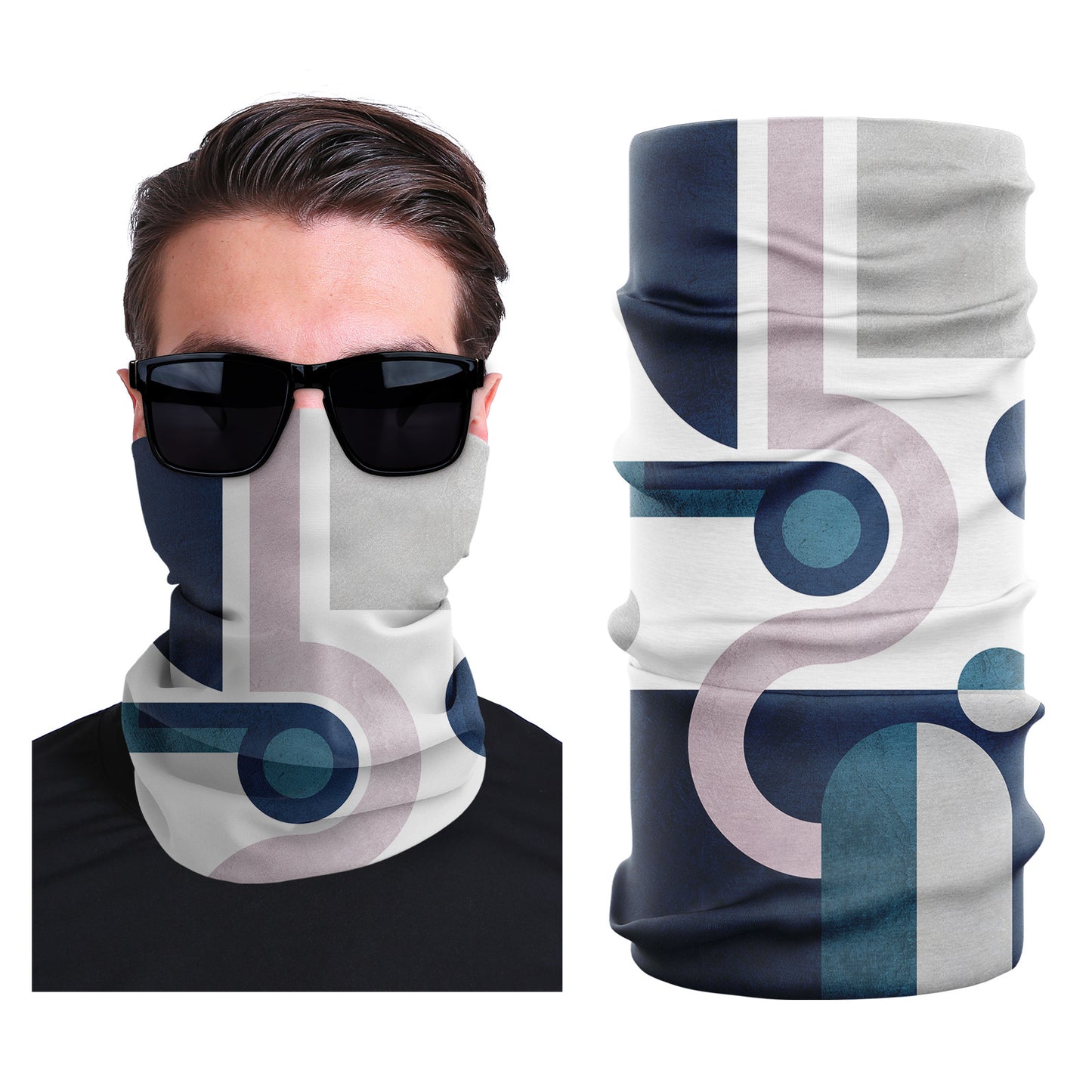 Seamless stretch face mask with navy, gray, and white geometric number pattern