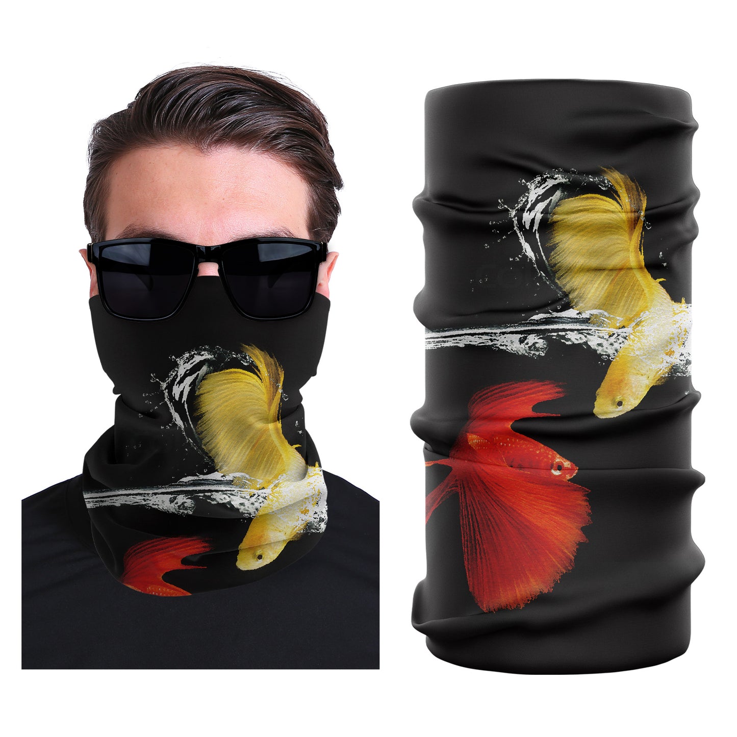 Seamless stretch face mask with black background and colorful bird graphic