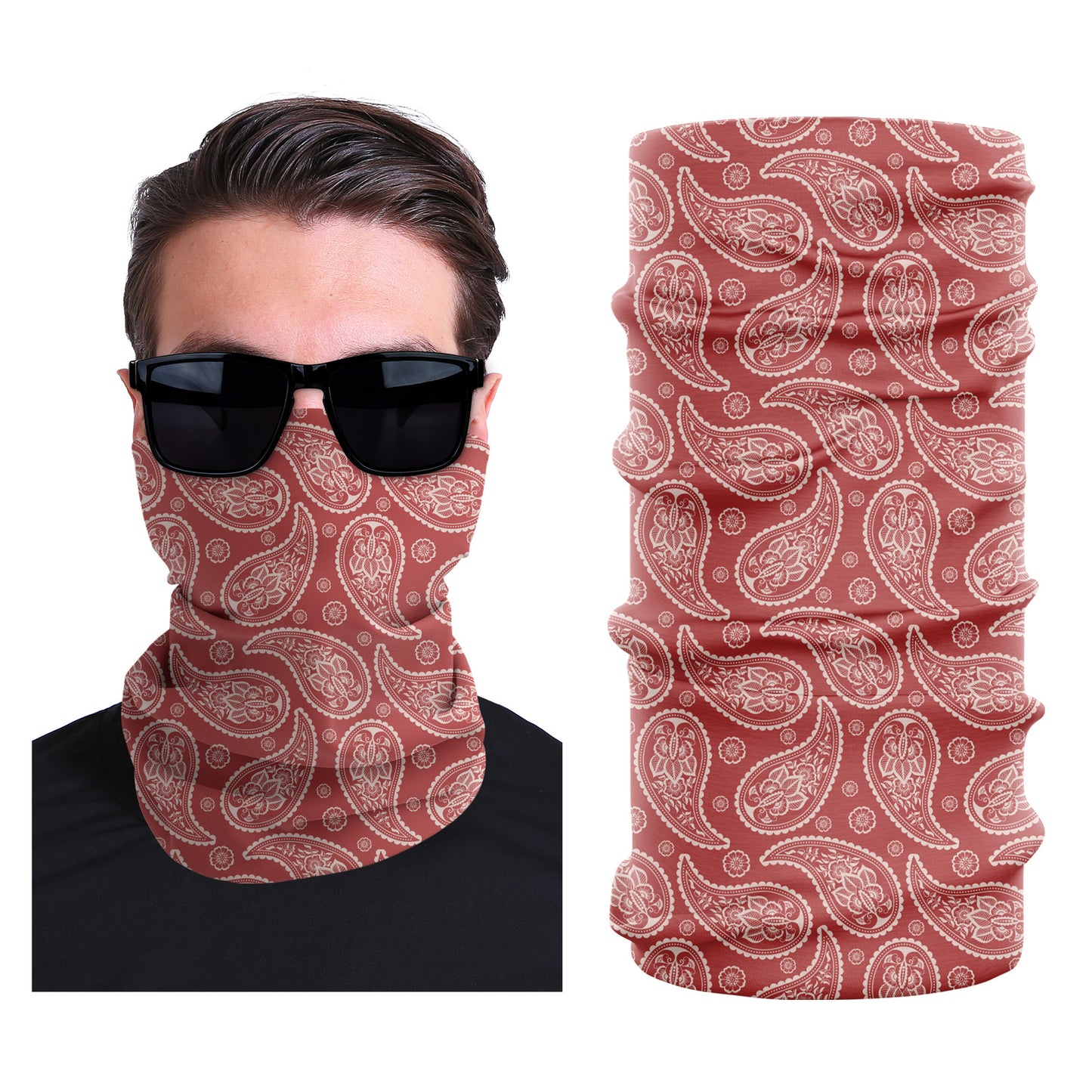 Seamless stretch face mask with red paisley pattern fabric