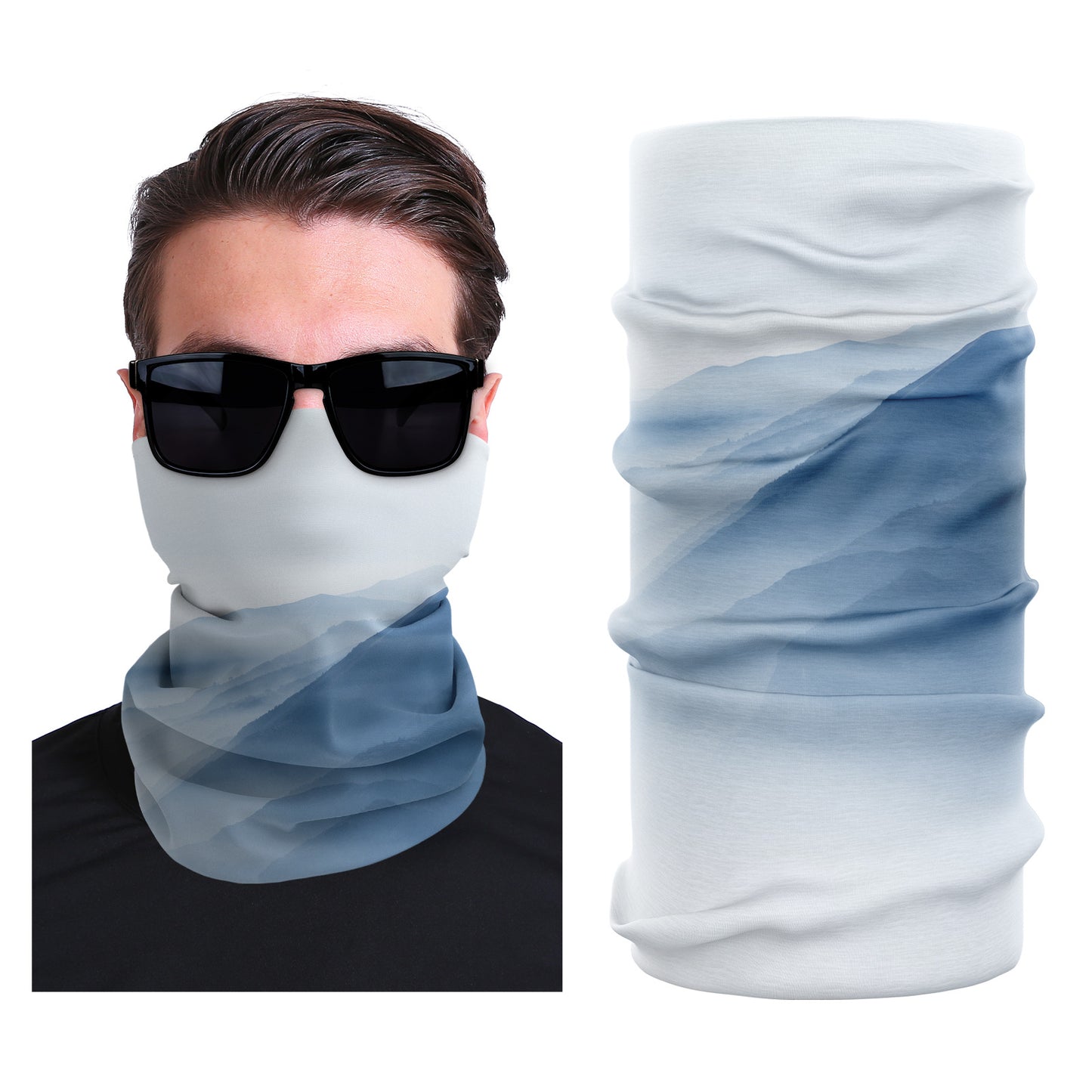Seamless stretch face mask with light blue gradient and white fabric