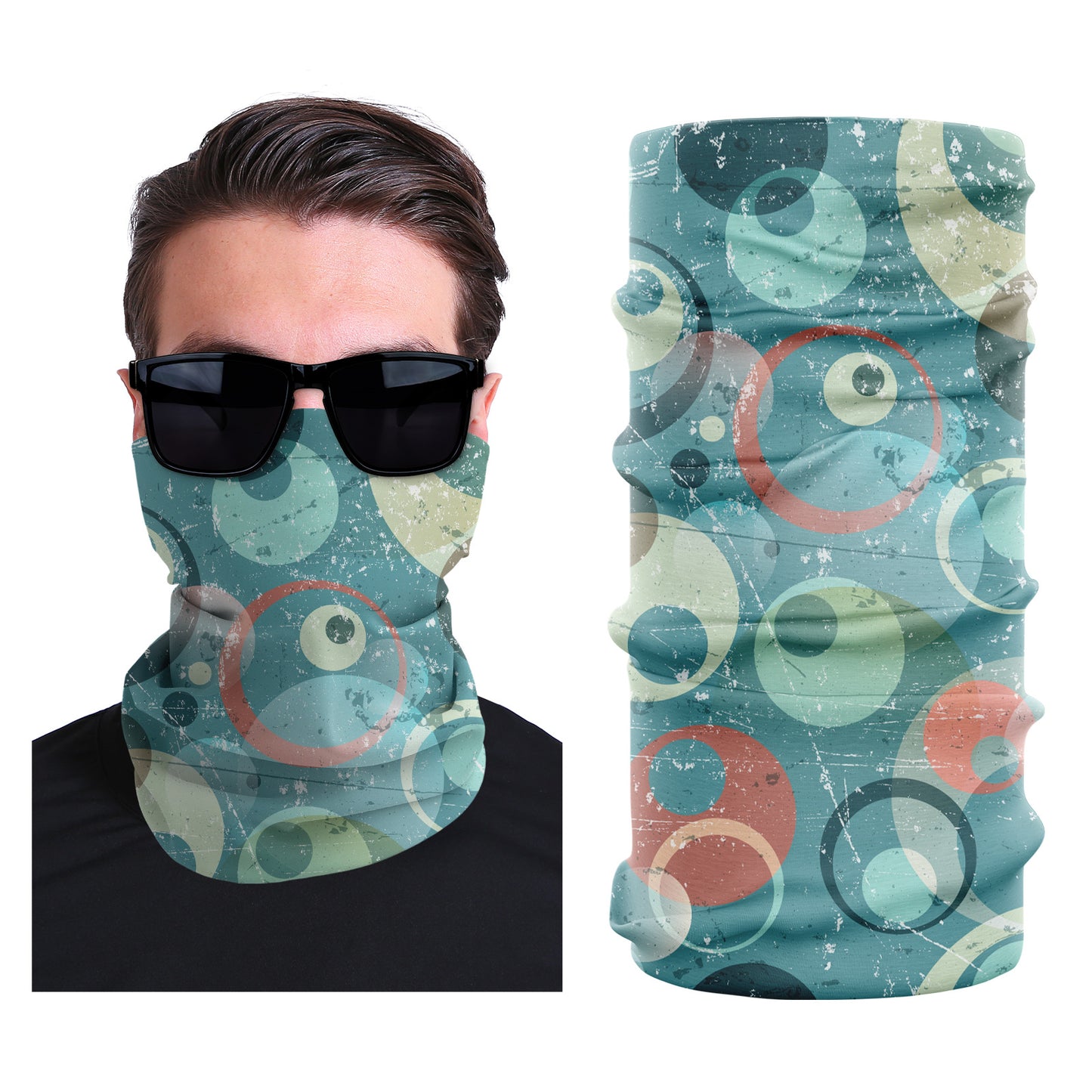 Seamless stretch face mask with teal fabric and colorful circular abstract pattern