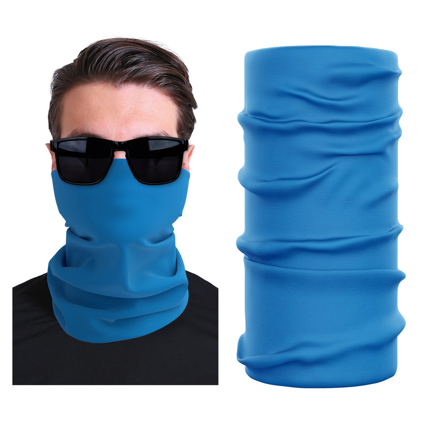 Seamless stretch face mask in solid blue, around-the-neck tube design