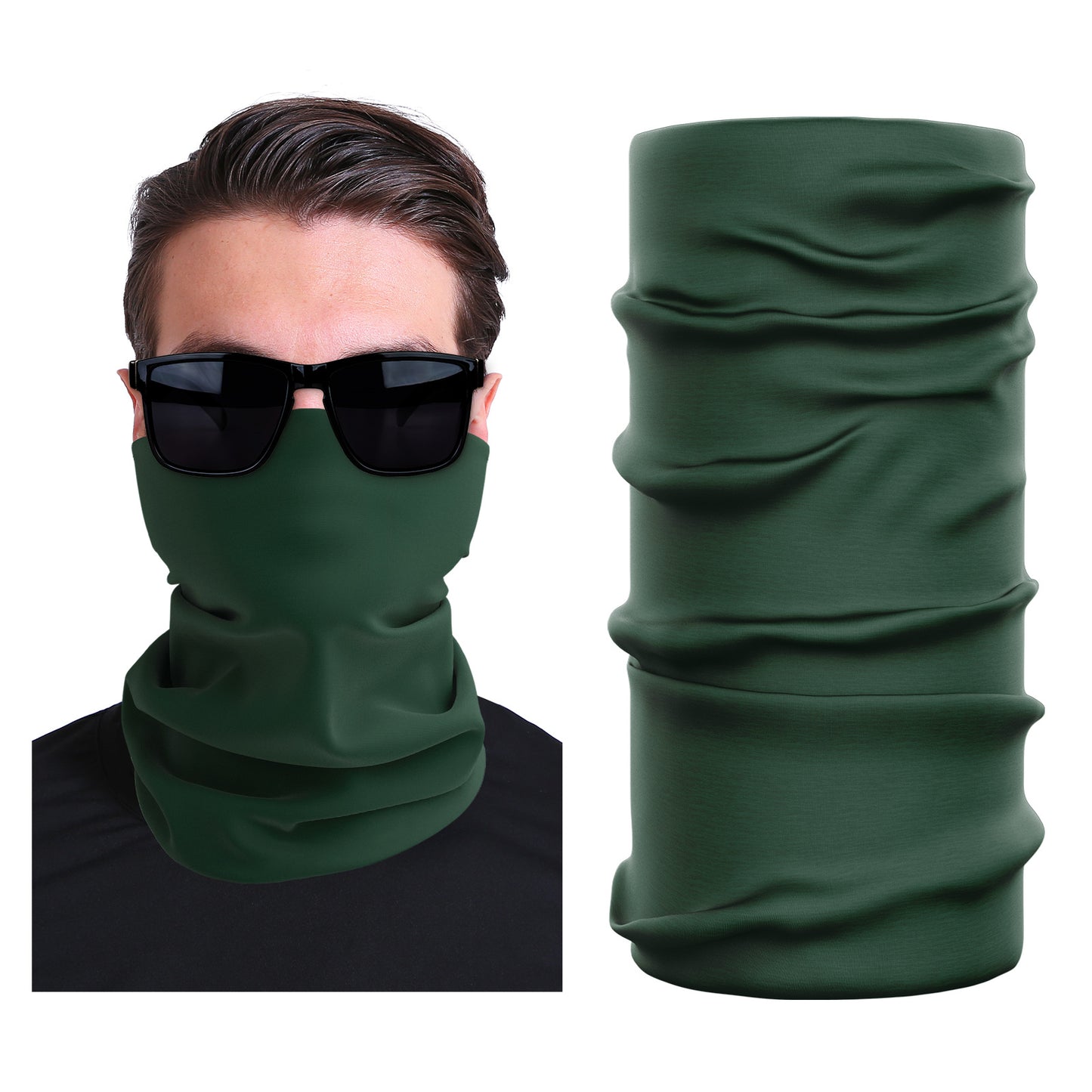 Seamless stretch face mask in solid dark green, around-the-neck tube design