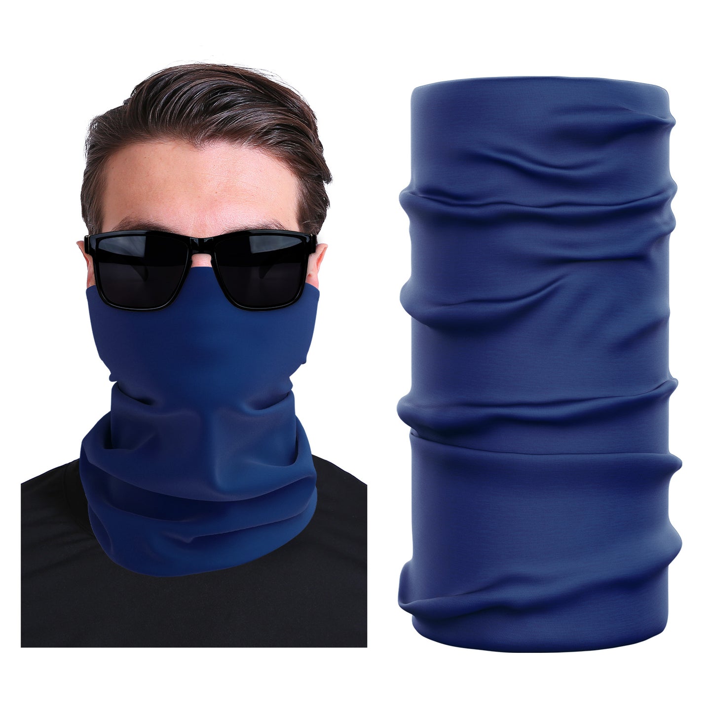 Seamless stretch face mask in solid dark blue, around-the-neck tube design