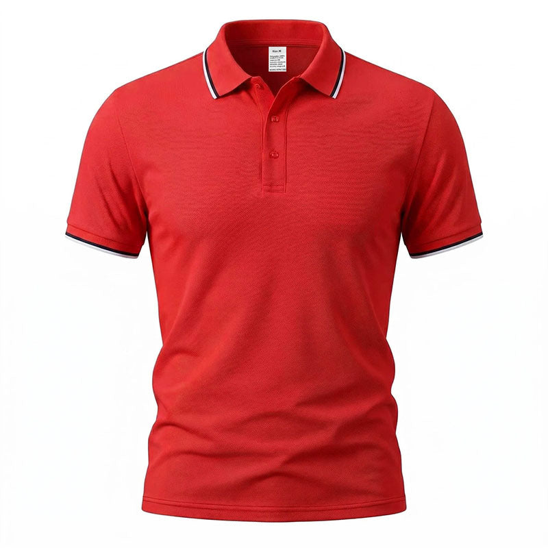 Red short-sleeve polo shirt with button placket and ribbed collar, solid knit.