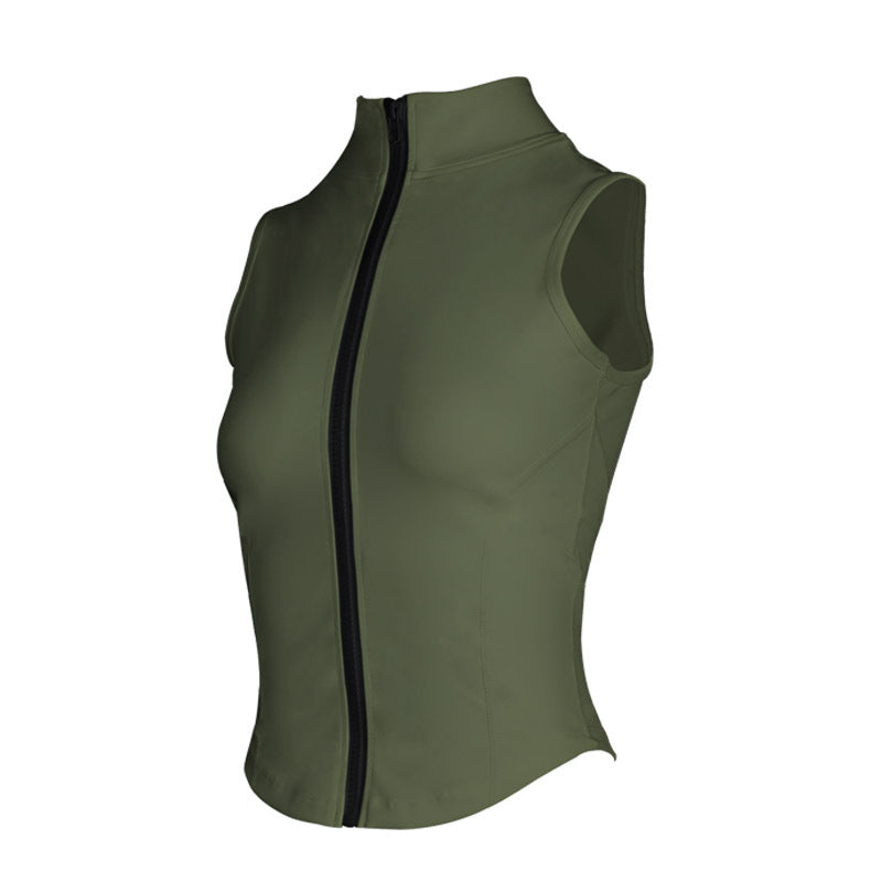 Emerald green sleeveless zip running tank top with front zipper and contoured sides