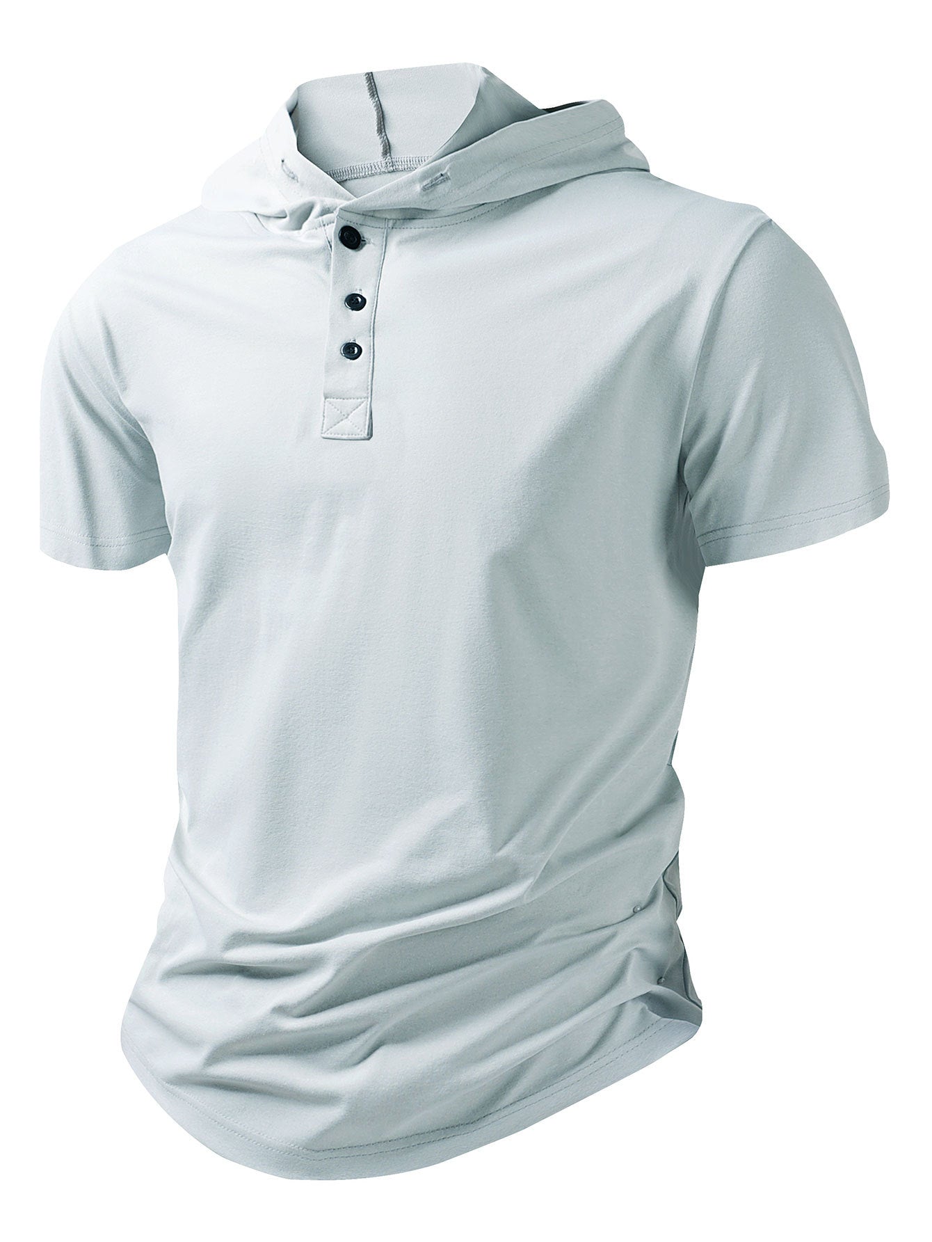 Light blue hooded henley T-shirt with short sleeves and button placket