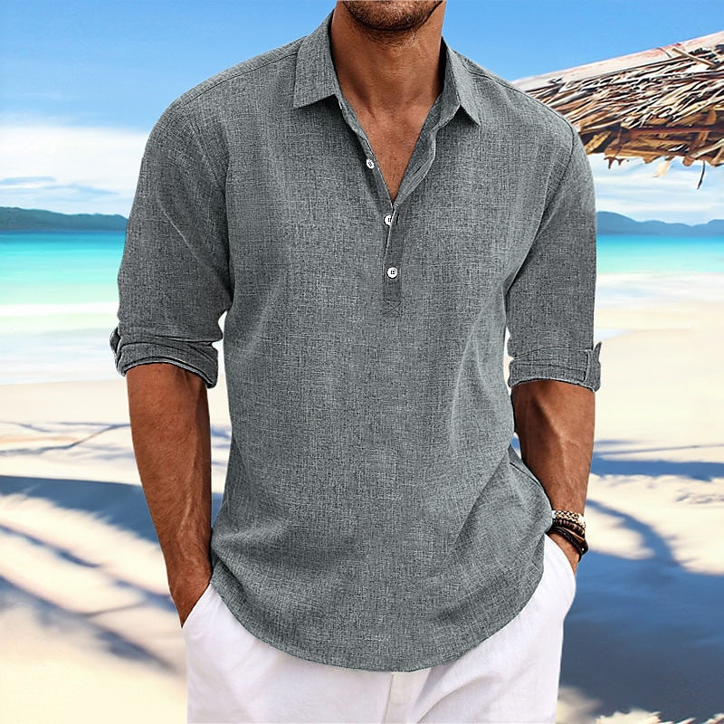 Men's linen-blend henley shirt in gray, 3-button placket, folded 3/4 sleeves