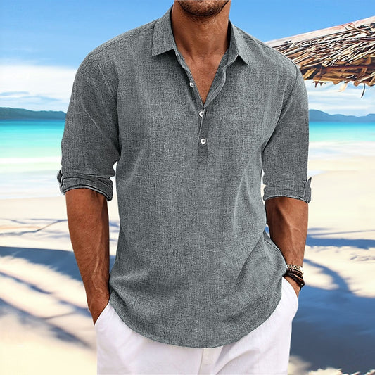 Men's linen-blend henley shirt in gray, 3-button placket, folded 3/4 sleeves