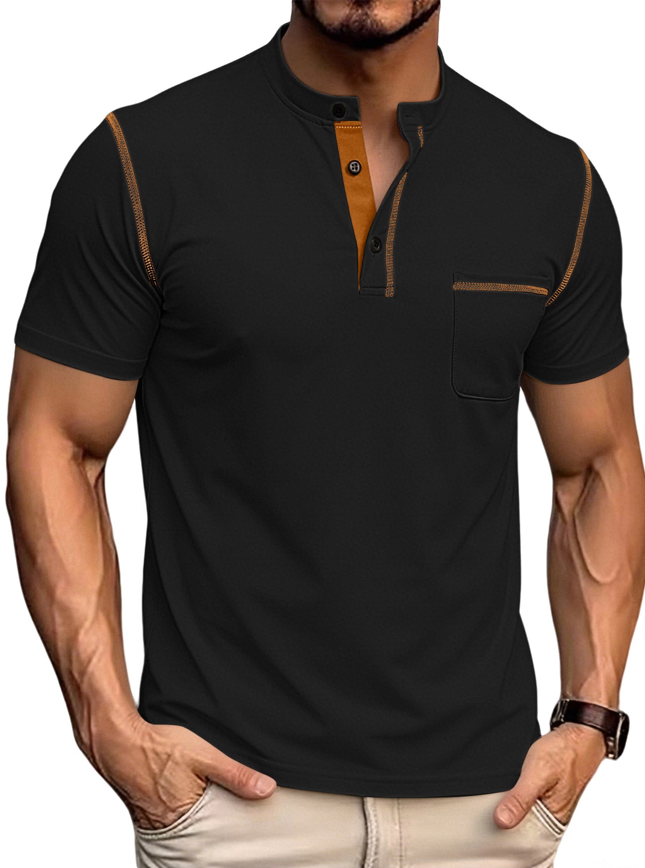Men's stand collar henley polo shirt in black, button placket, chest pocket, contrast trim