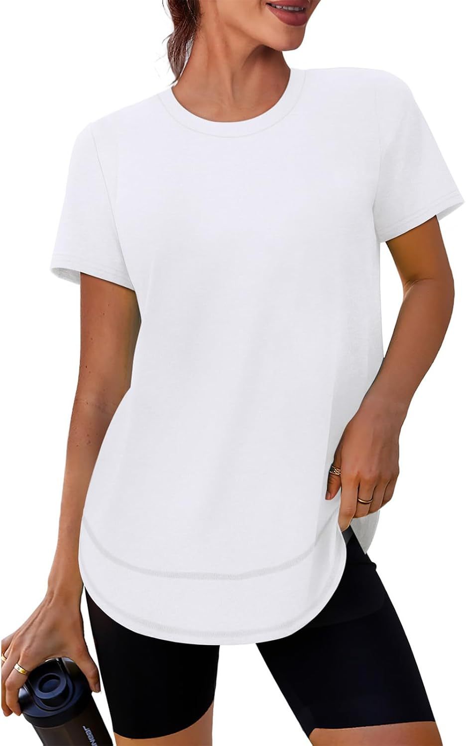 Women’s short-sleeve curved-hem T-shirt, white crew neck