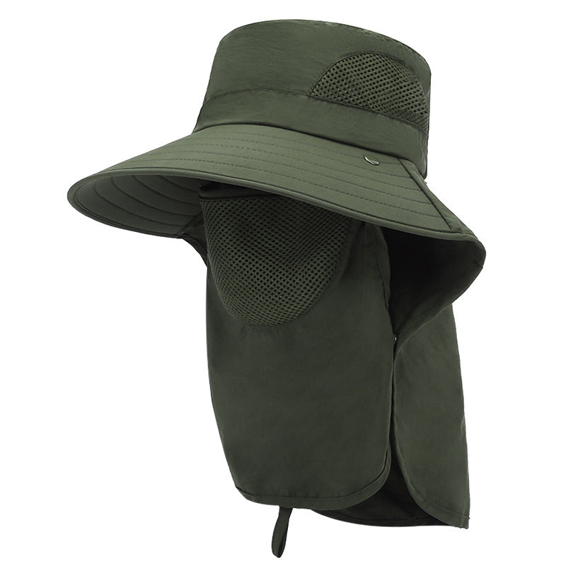 Green wide-brim sun hat with side mesh face opening and chin flap
