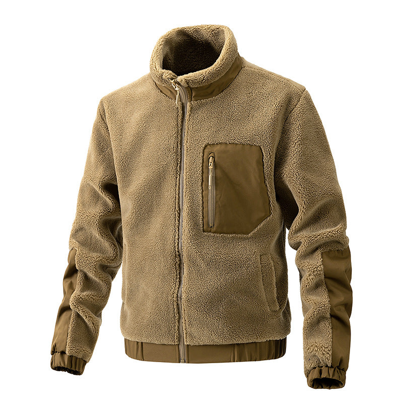 Tan sherpa fleece zip jacket with contrast pocket and elastic cuffs