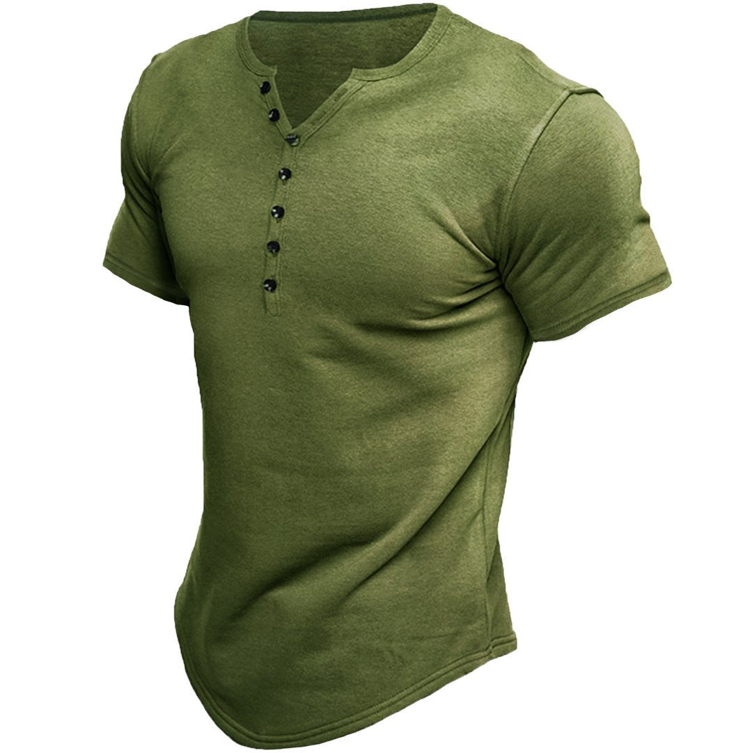 Green men's henley short-sleeve T-shirt with button placket and crew neck
