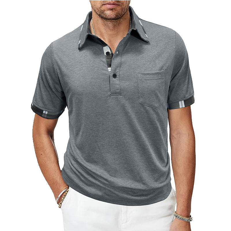 Gray men’s plaid-trim pocket short-sleeve polo with button placket