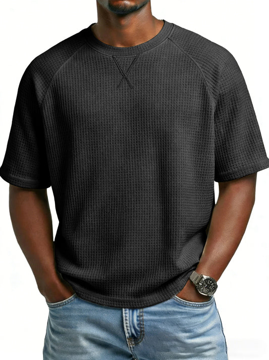 Men's waffle knit tee in dark gray, short sleeves and crew neck