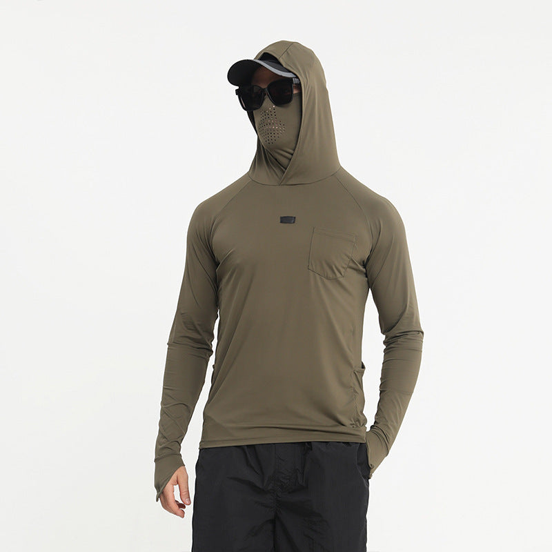 Quick-dry fishing sun hoodie in olive green with hood up and mesh face panel