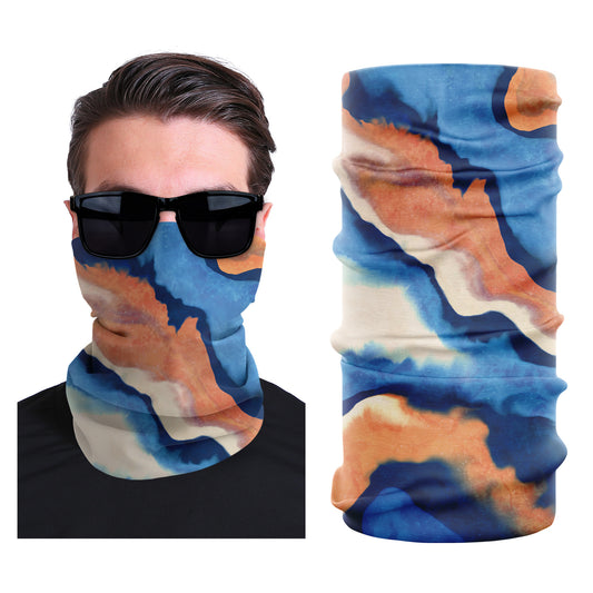 Stretch outdoor face mask in blue with cream and orange abstract blocks