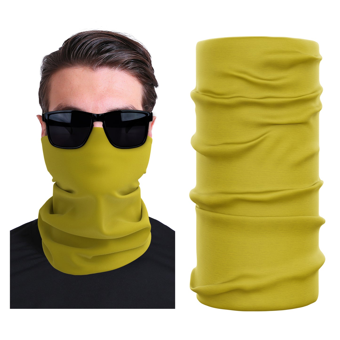 Mustard yellow seamless stretch outdoor face mask, tubular neck gaiter style
