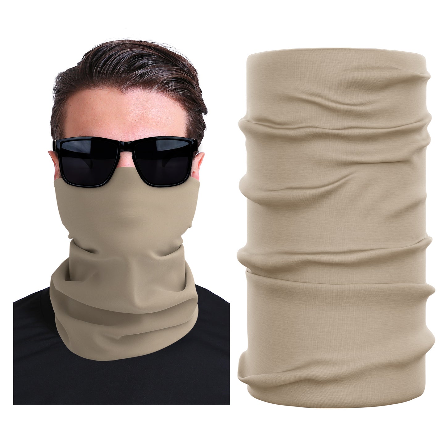 Beige seamless stretch outdoor face mask, tubular neck gaiter style