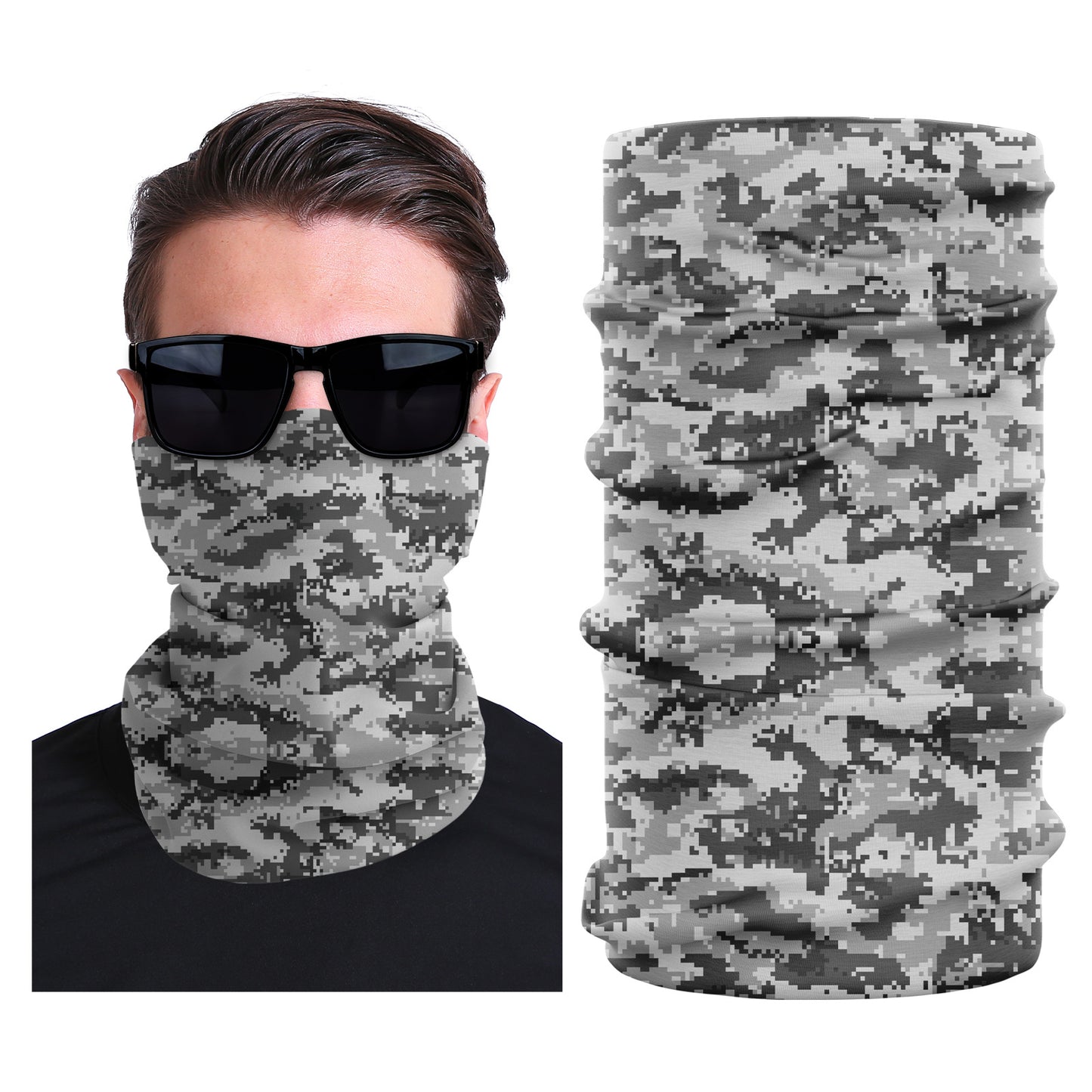 Gray camouflage seamless stretch outdoor face mask, tubular neck gaiter style