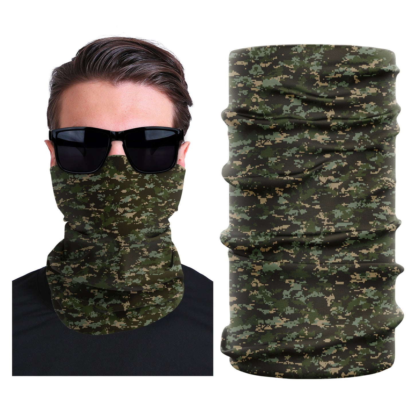 Green camouflage seamless stretch outdoor face mask, tubular neck gaiter style