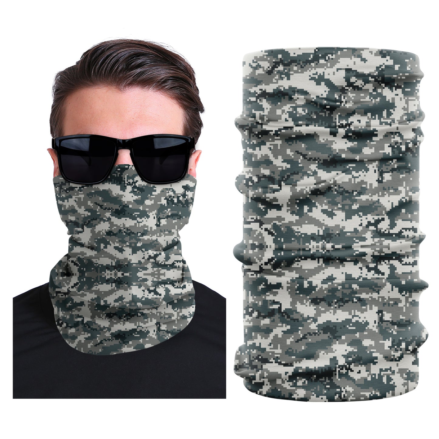 Blue-gray camouflage seamless stretch outdoor face mask, tubular neck gaiter style