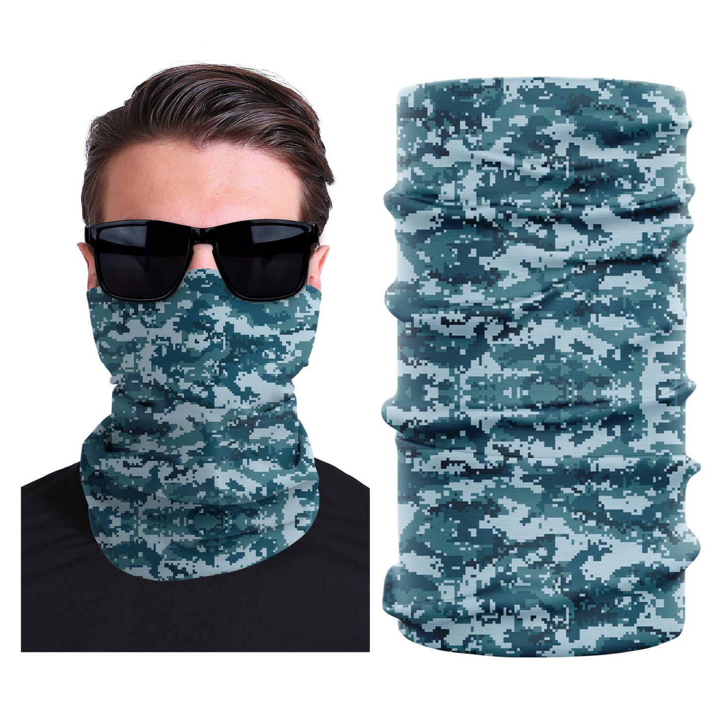 Seamless stretch outdoor face mask, teal digital camo pattern with folded neck coverage