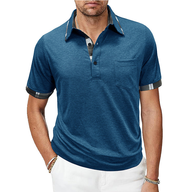 Blue men’s plaid-trim pocket short-sleeve polo with button placket