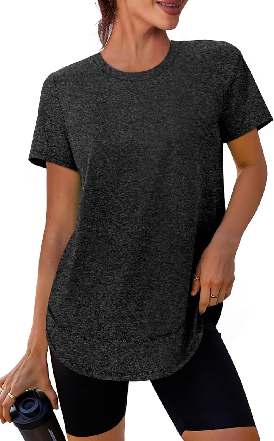 Women’s short-sleeve curved-hem T-shirt, dark heather crew neck