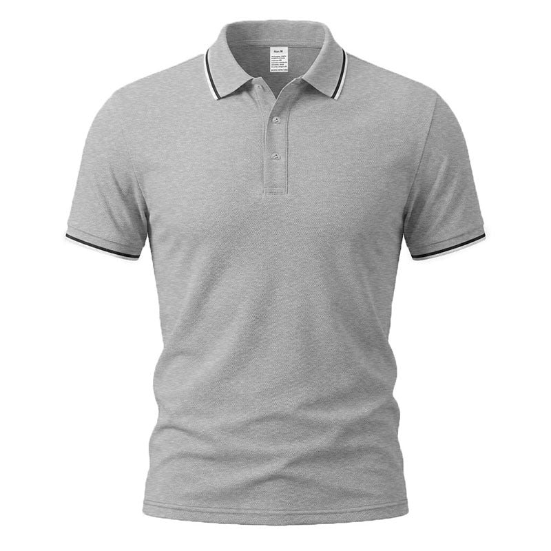 Gray short-sleeve polo shirt with button placket and ribbed collar, solid knit.