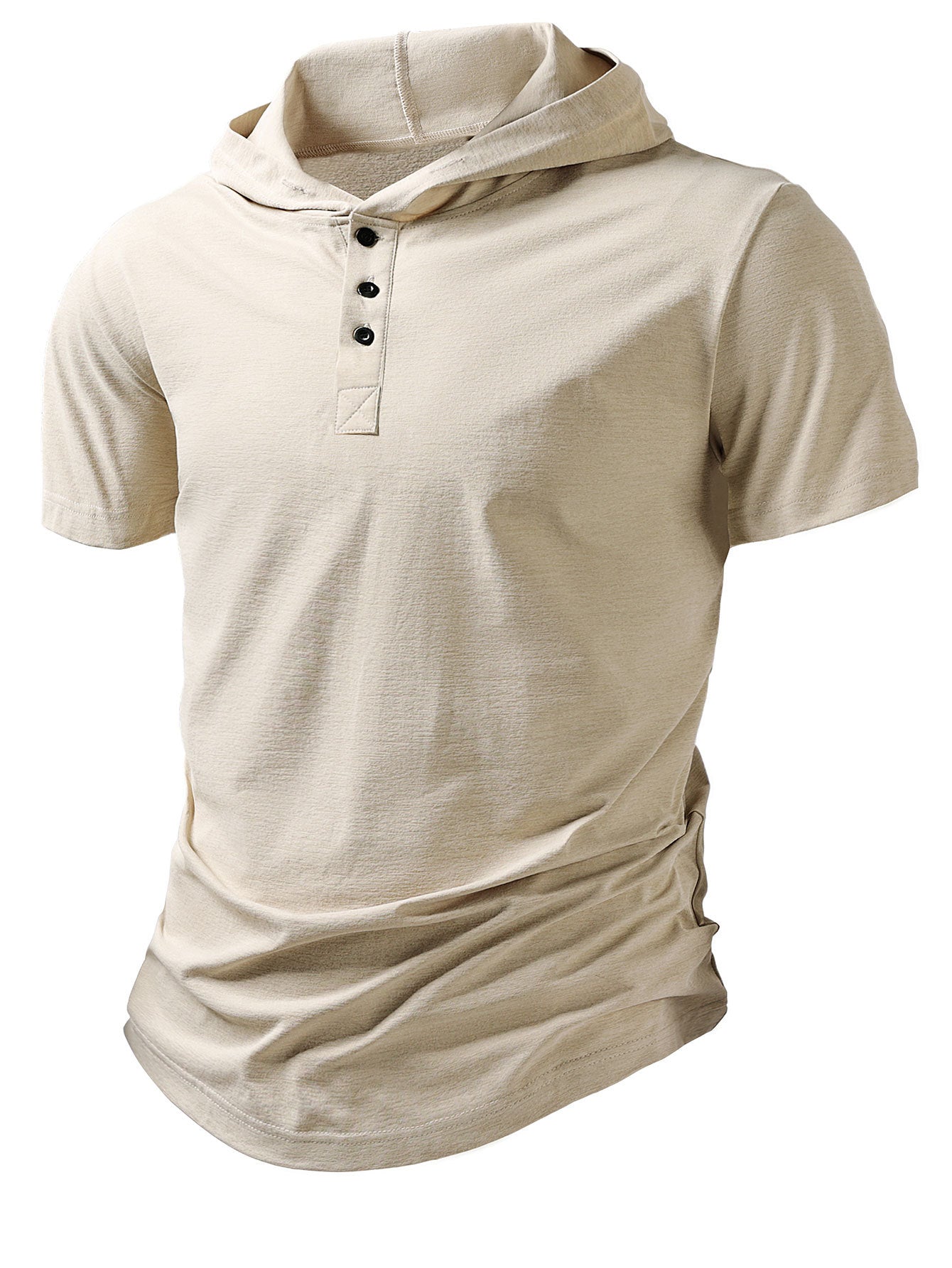Beige hooded henley T-shirt with short sleeves and button placket