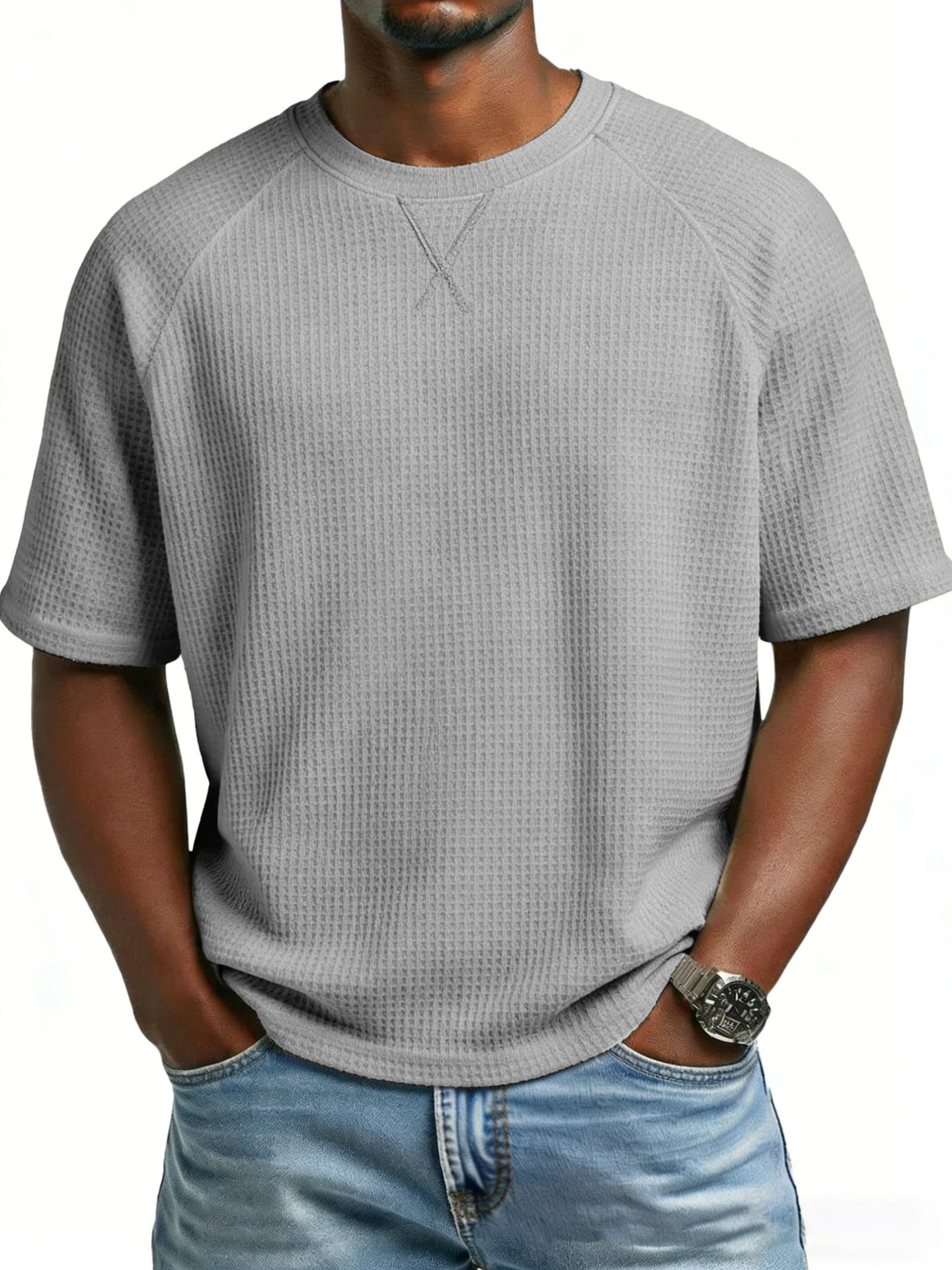 Men's waffle knit tee in light gray, short sleeves and crew neck