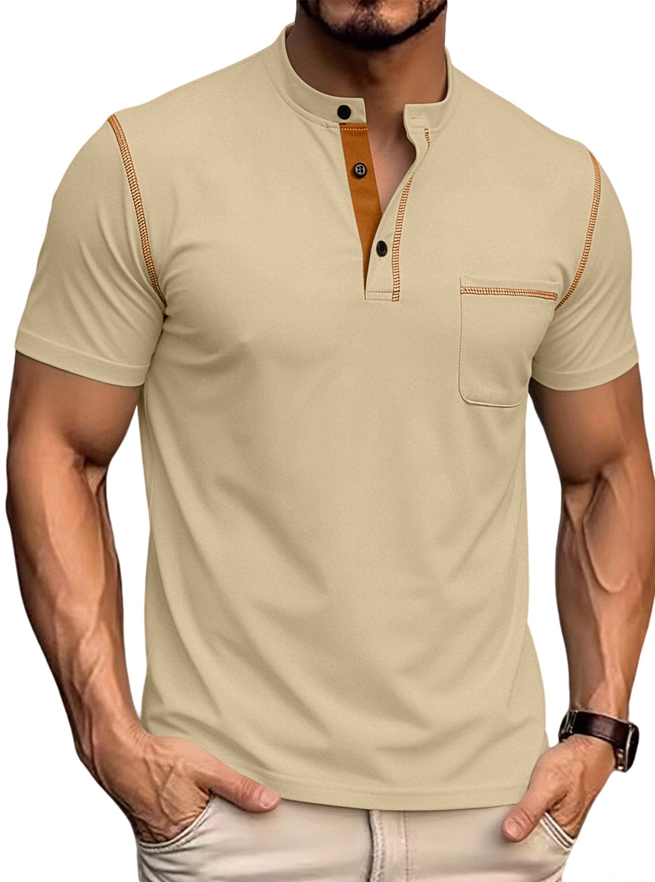 Men's stand collar henley polo shirt in khaki, button placket, chest pocket, contrast trim