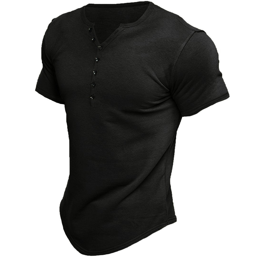 Black men's henley short-sleeve T-shirt with button placket and henley neckline