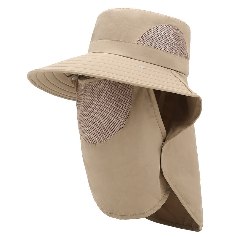 Khaki wide-brim sun hat with mesh face cover and neck flaps