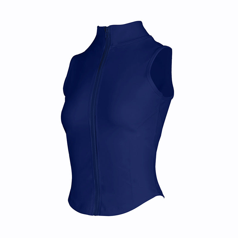 Navy zip-front sleeveless running tank top with stand-up collar